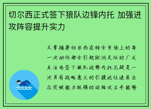 切尔西正式签下狼队边锋内托 加强进攻阵容提升实力