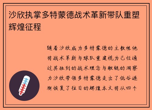 沙欣执掌多特蒙德战术革新带队重塑辉煌征程